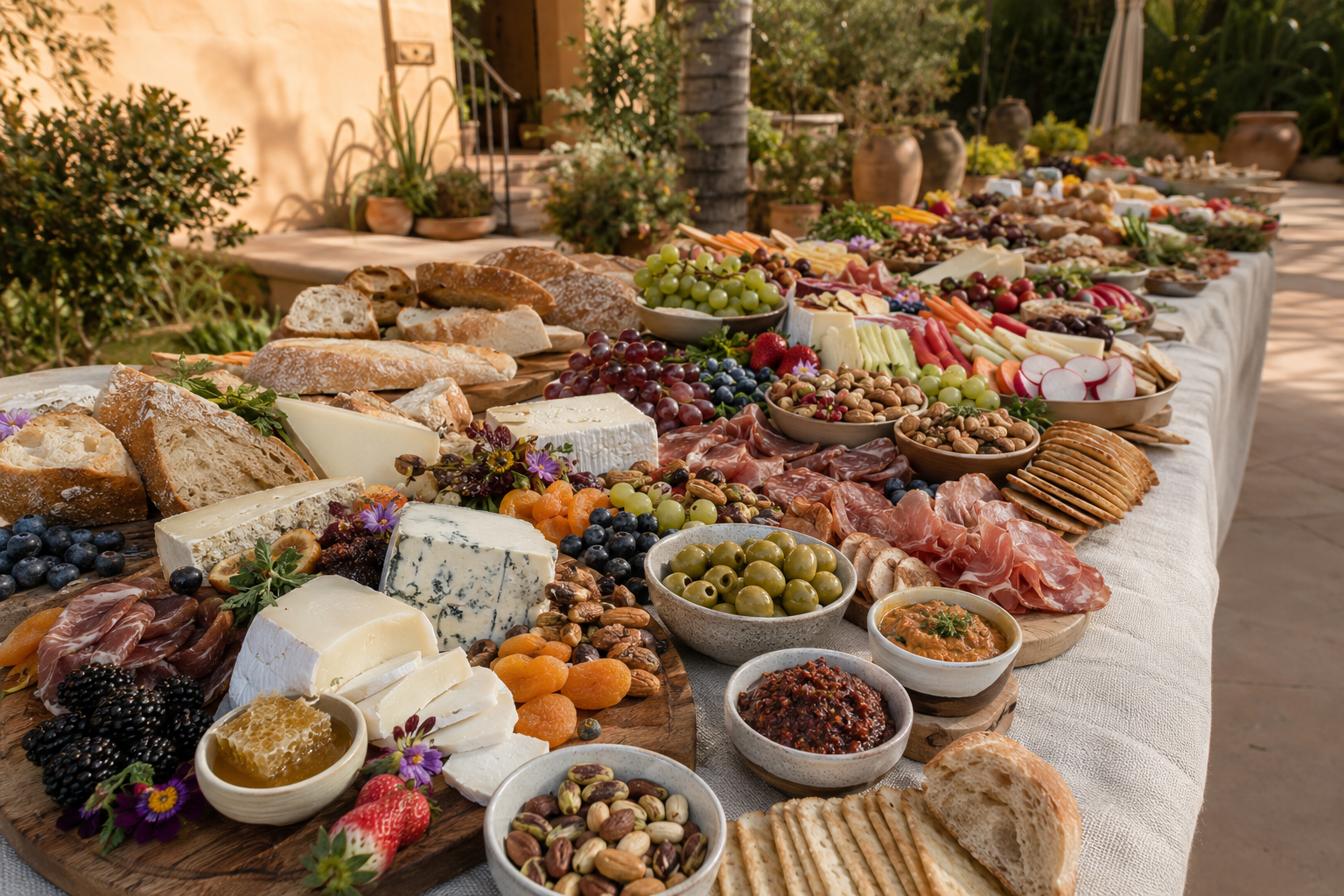 Large outdoor grazing table with artisan cheeses, charcuterie and colorful fruit