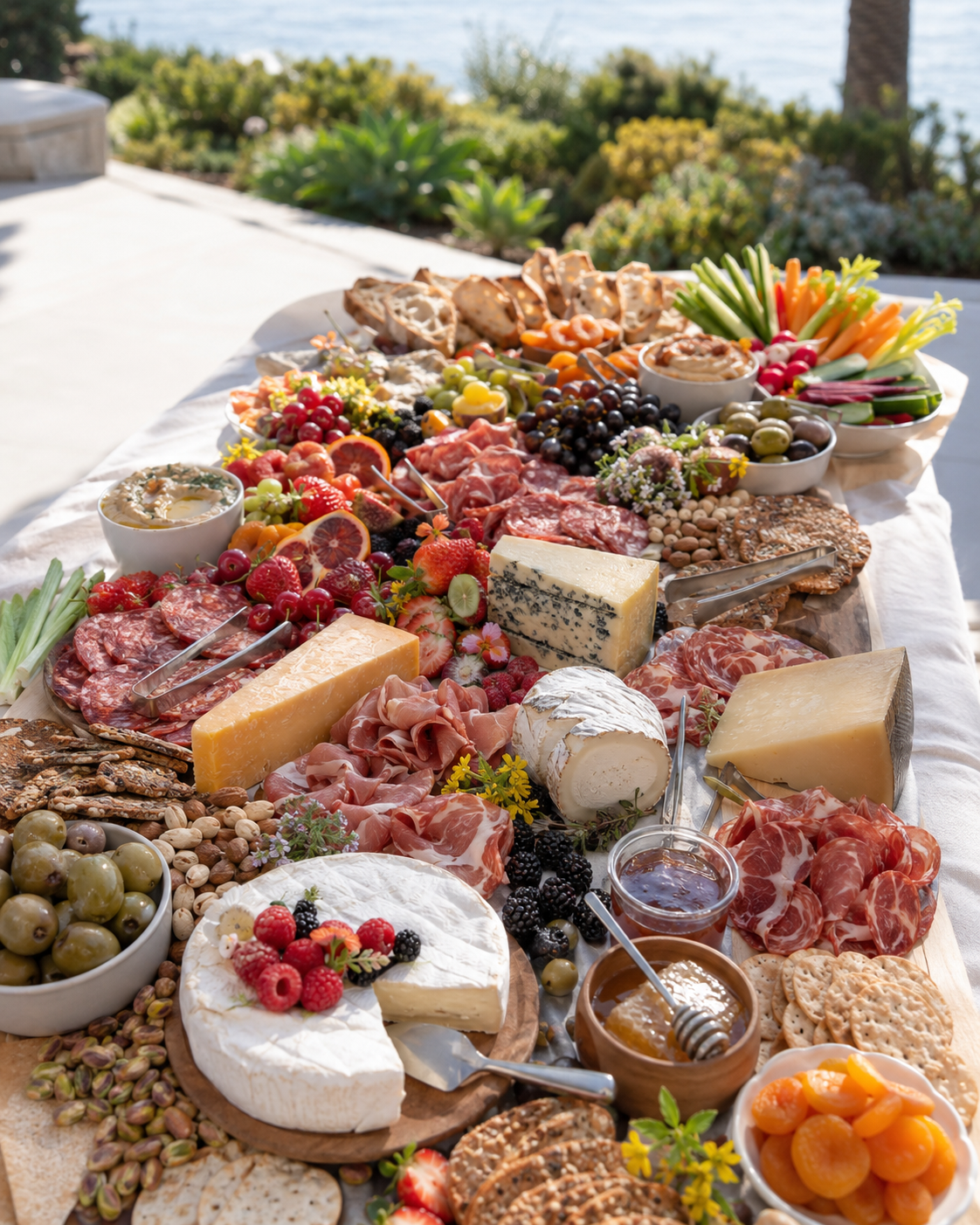 Grand grazing table with colorful fruit, cheeses, cured meats and breads