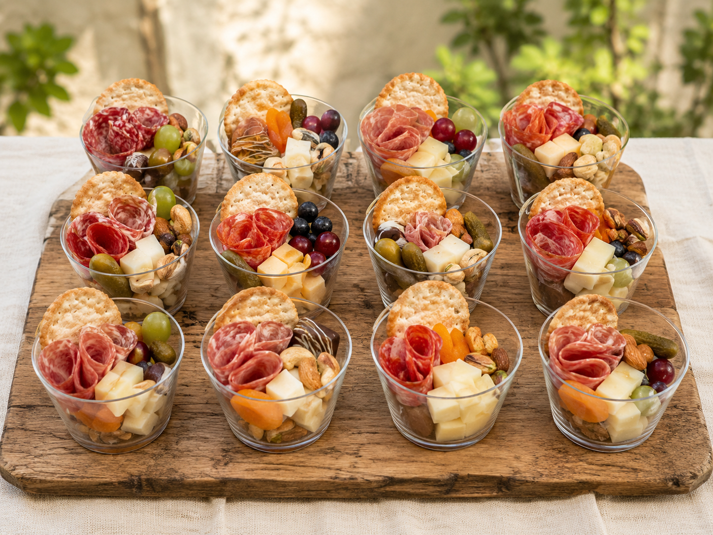 Individual charcuterie cups with cheese, fruit, cured meat and crackers