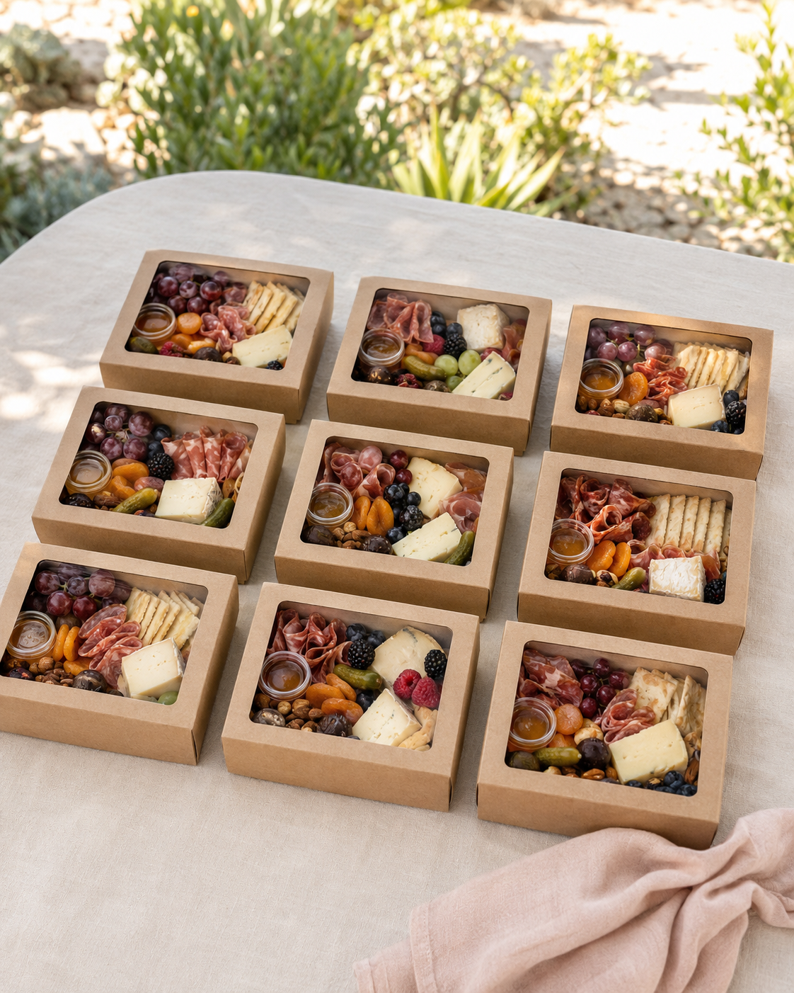Individual kraft charcuterie boxes with cheese, fruit, cured meat and crackers