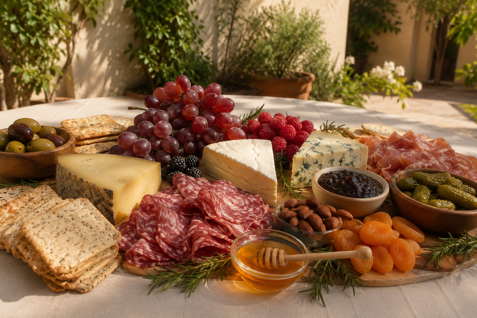 Petite grazing table with cheese, cured meats, fruit, crackers and olives