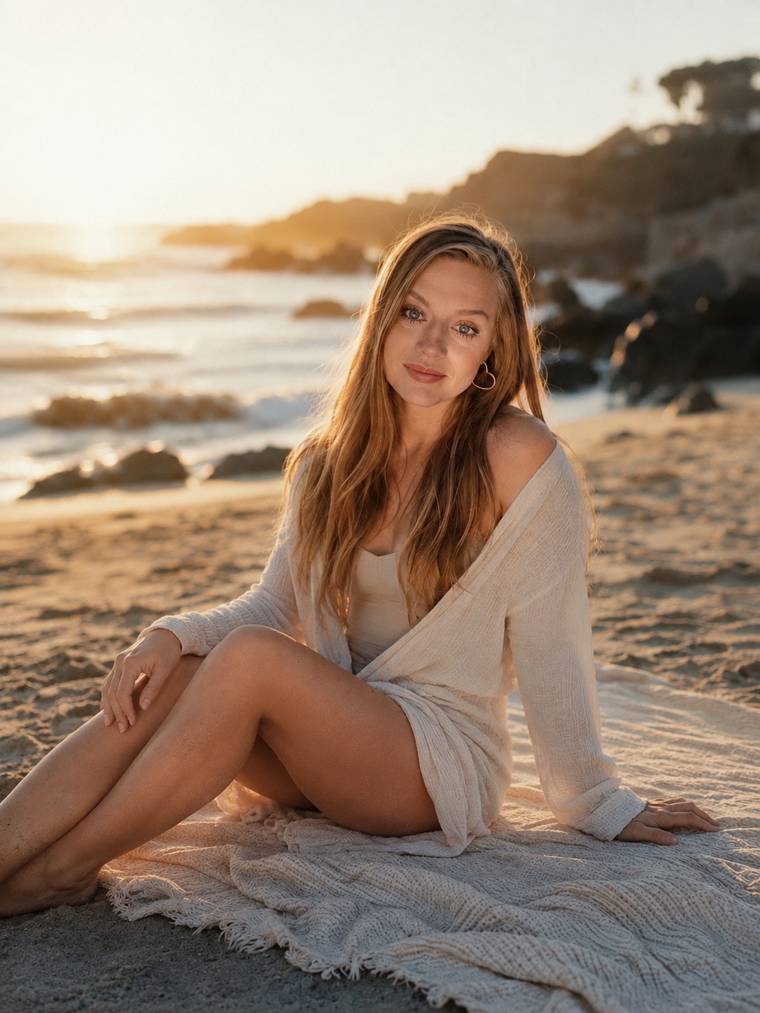 Katie sitting in warm sunset light on the beach