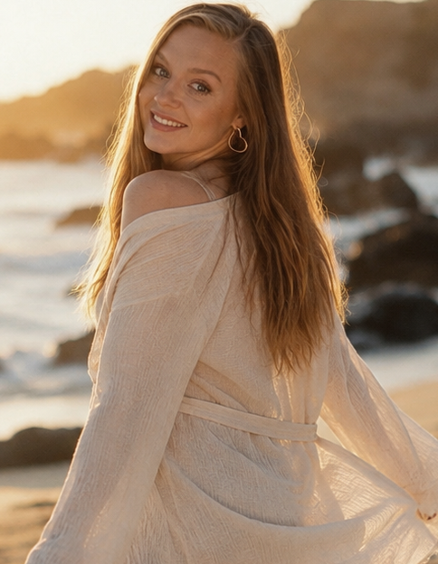 Katie smiling back at the camera on a golden beach