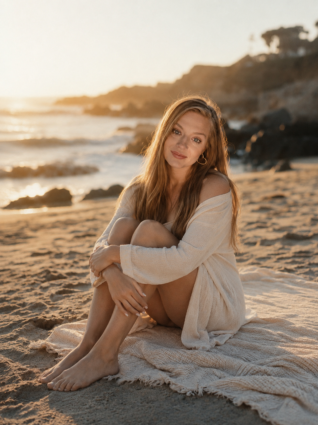 Katie on a sunlit beach at golden hour