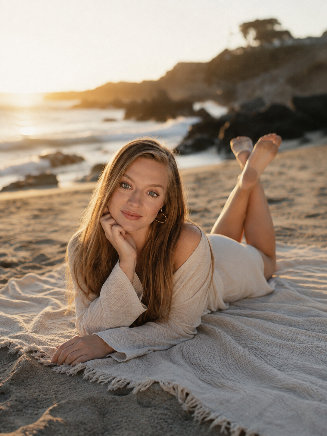 Katie relaxing on the beach at sunset