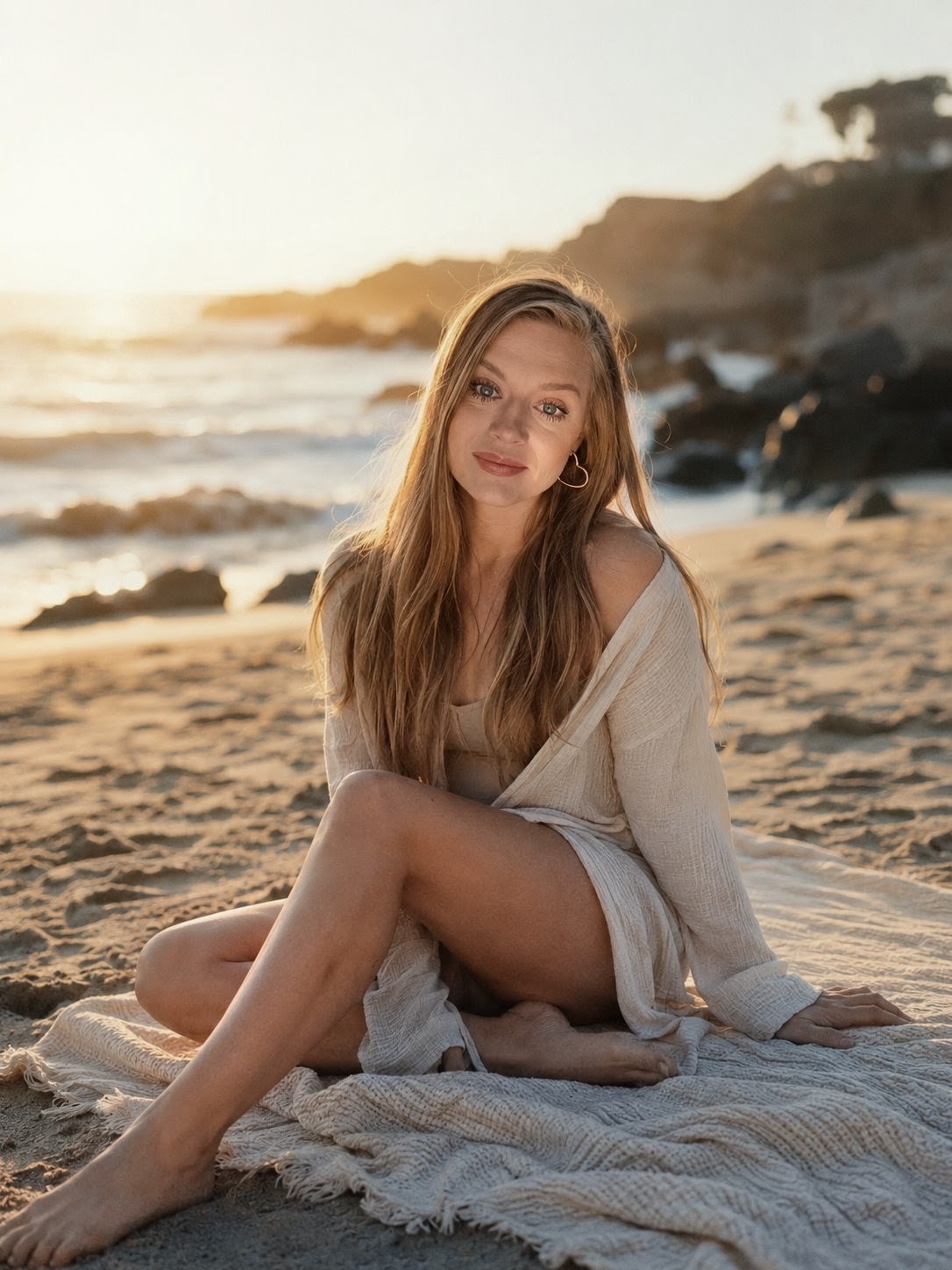 Katie seated on a beach blanket at golden hour