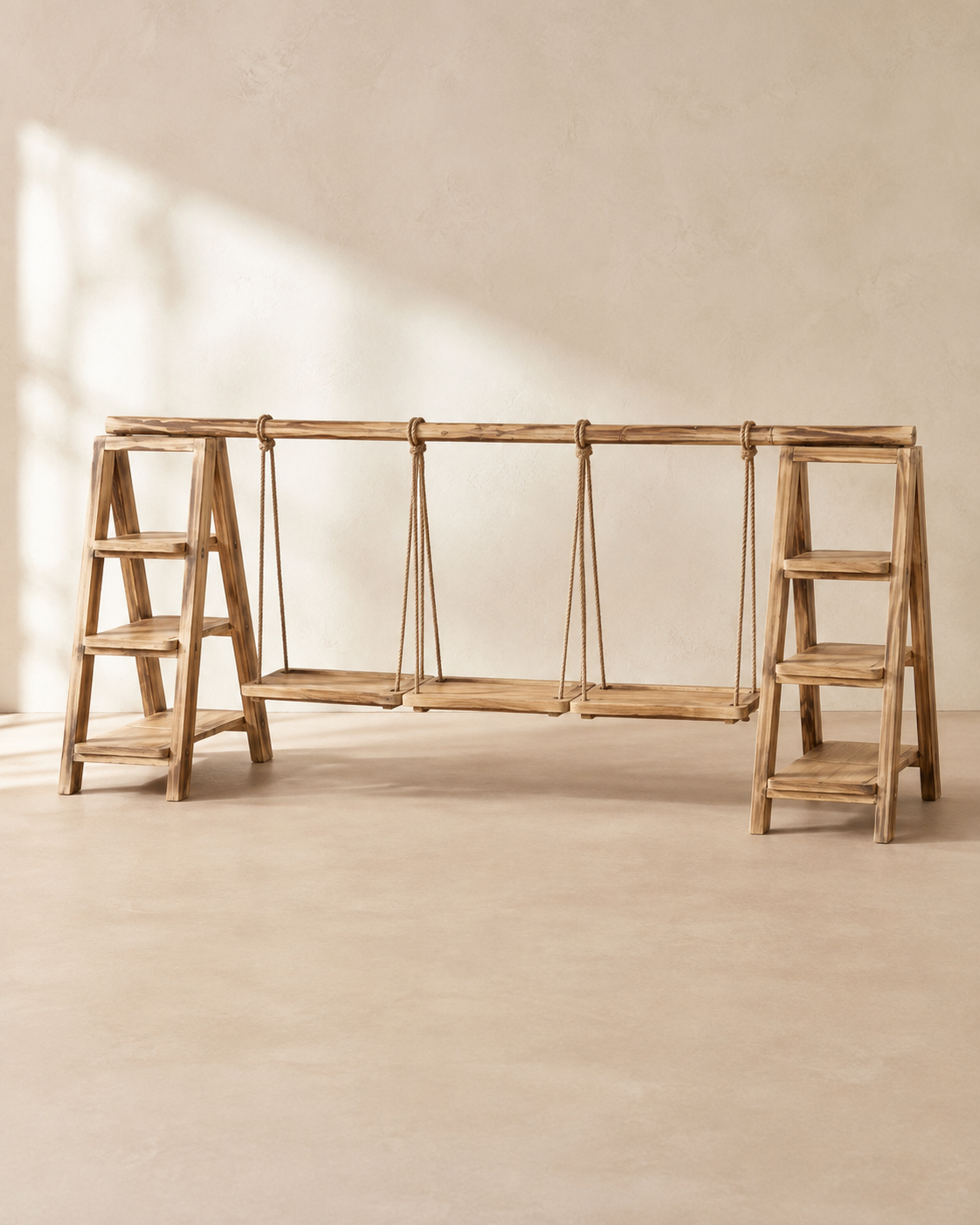 Natural wood dessert display bar with hanging trays and side ladders